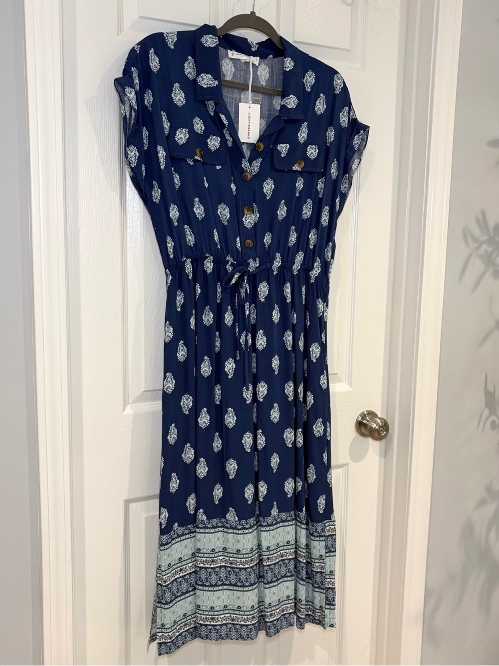 Lucky Brand Midi Blue Collared Shirt Dress Button Drawstring Waist Size L NWT - Picture 6 of 12